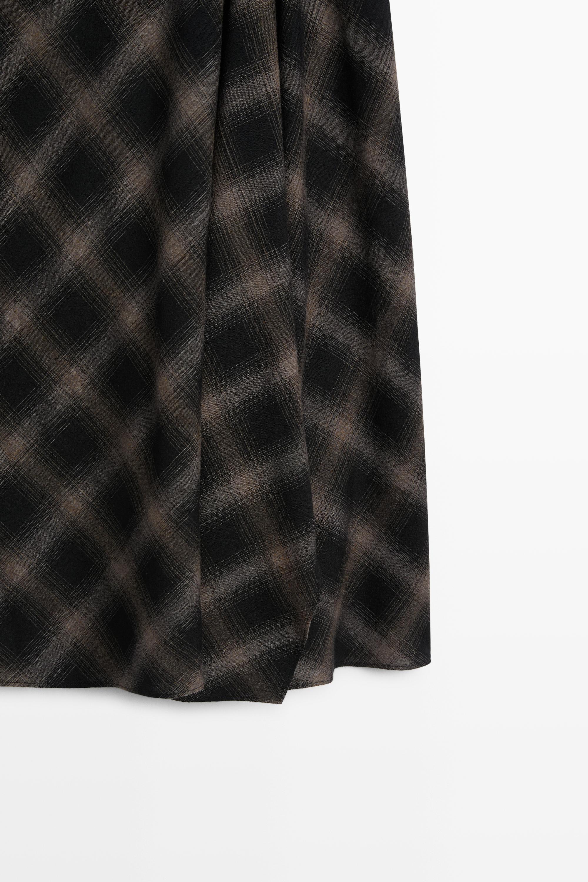 Wool-cotton blend check midi skirt with split